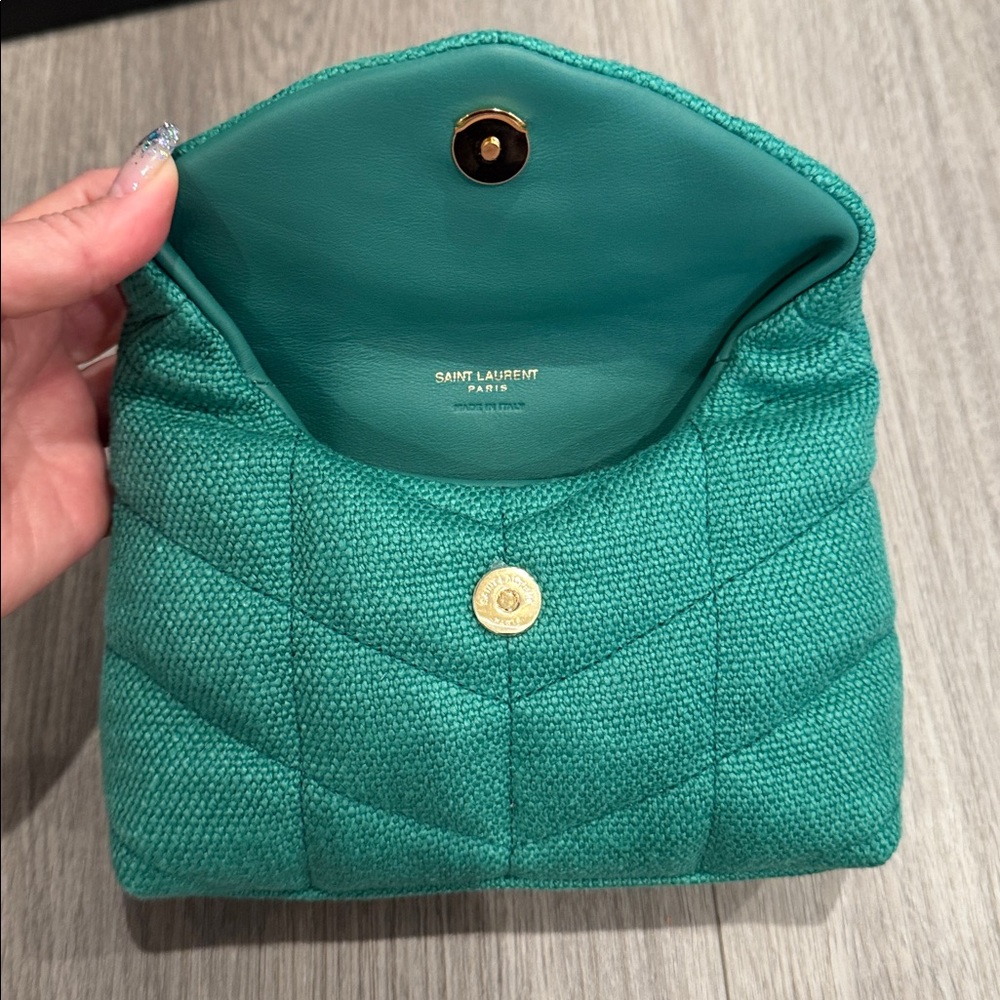 Saint Laurent Denim Quilted Loulou Puffer Monogram Pouch Clutch in Basil color - Picture 13 of 14